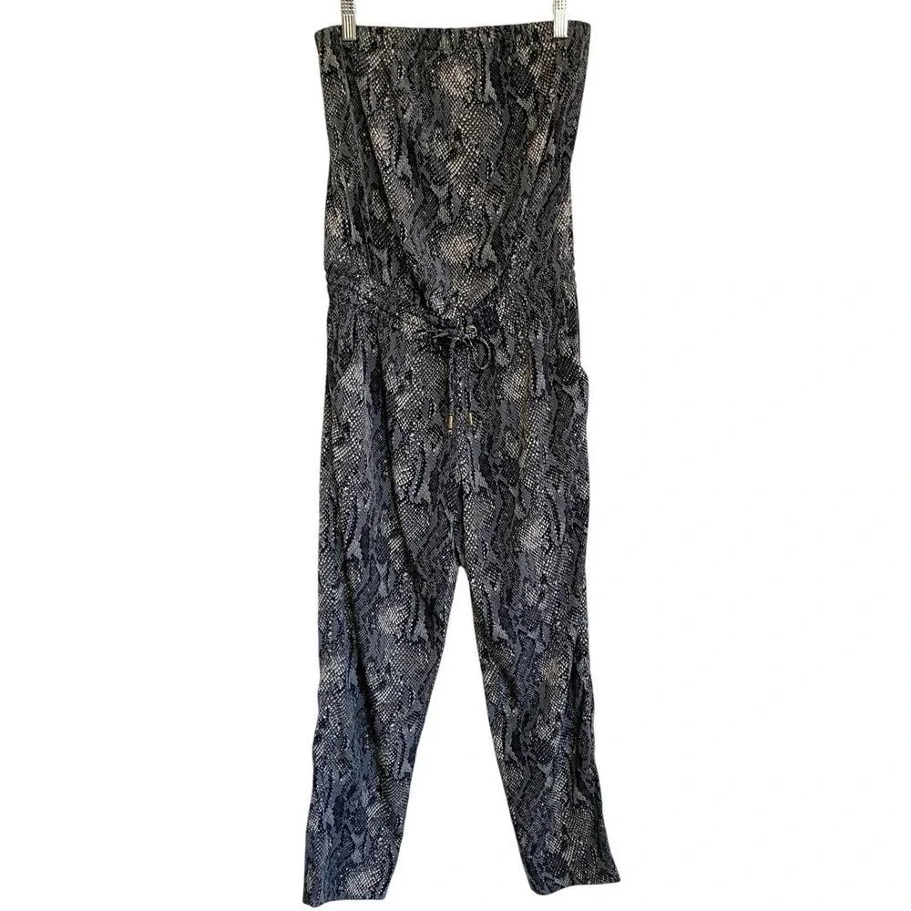 Express Womens Snakeskin Print Strapless Jumpsuit Grey Black XS Drawstring Waist